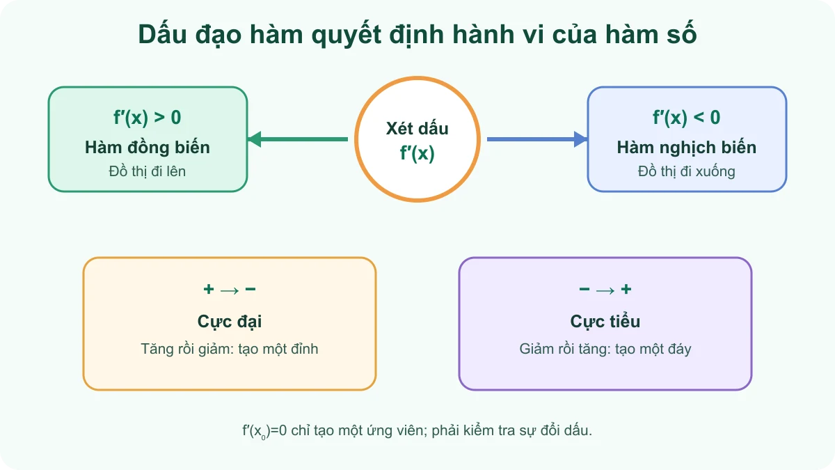 Sơ đồ liên hệ dấu đạo hàm với chiều biến thiên và cực trị của hàm số